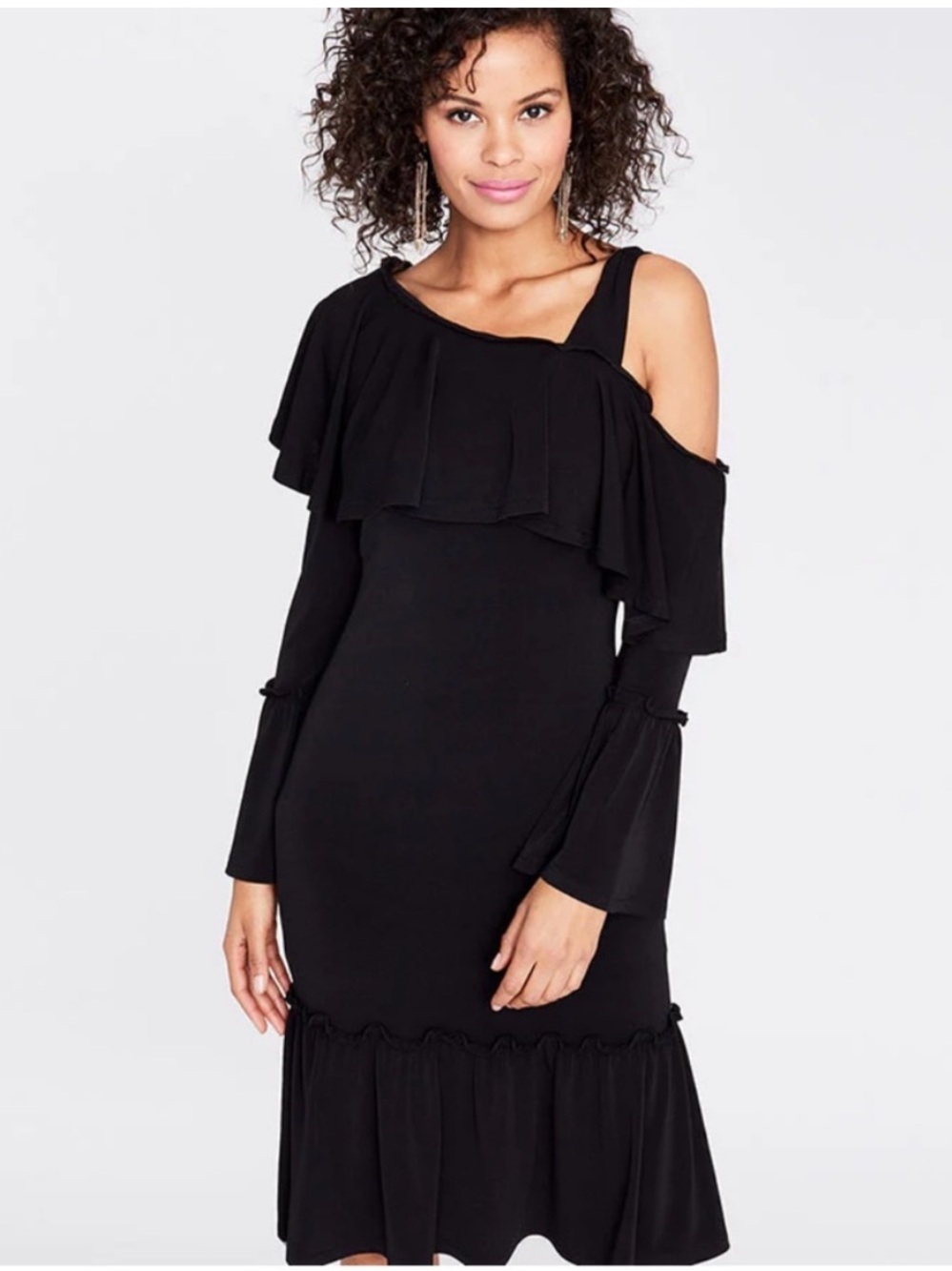 RACHEL Rachel Roy Black One-Shoulder Ruffle Midi Dress